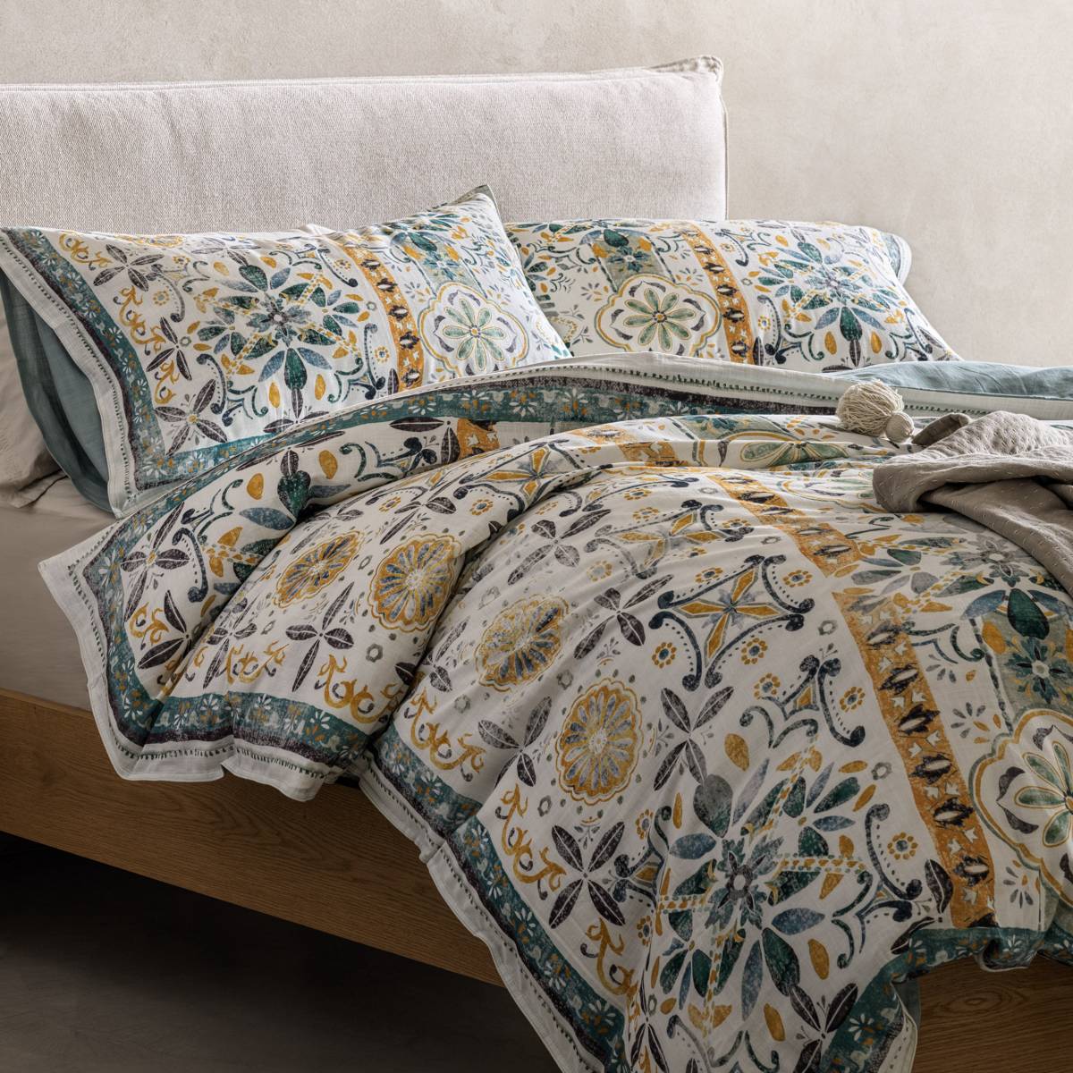 Green, white and yellow vintage-pattern bedding. Shop homeware